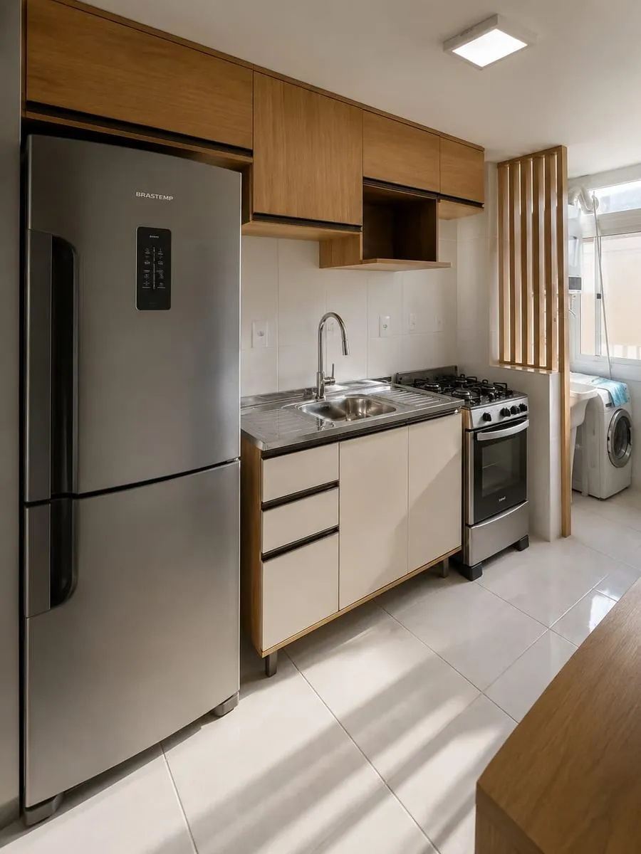 Cozinha compacta amadeirada e branca em apartamento